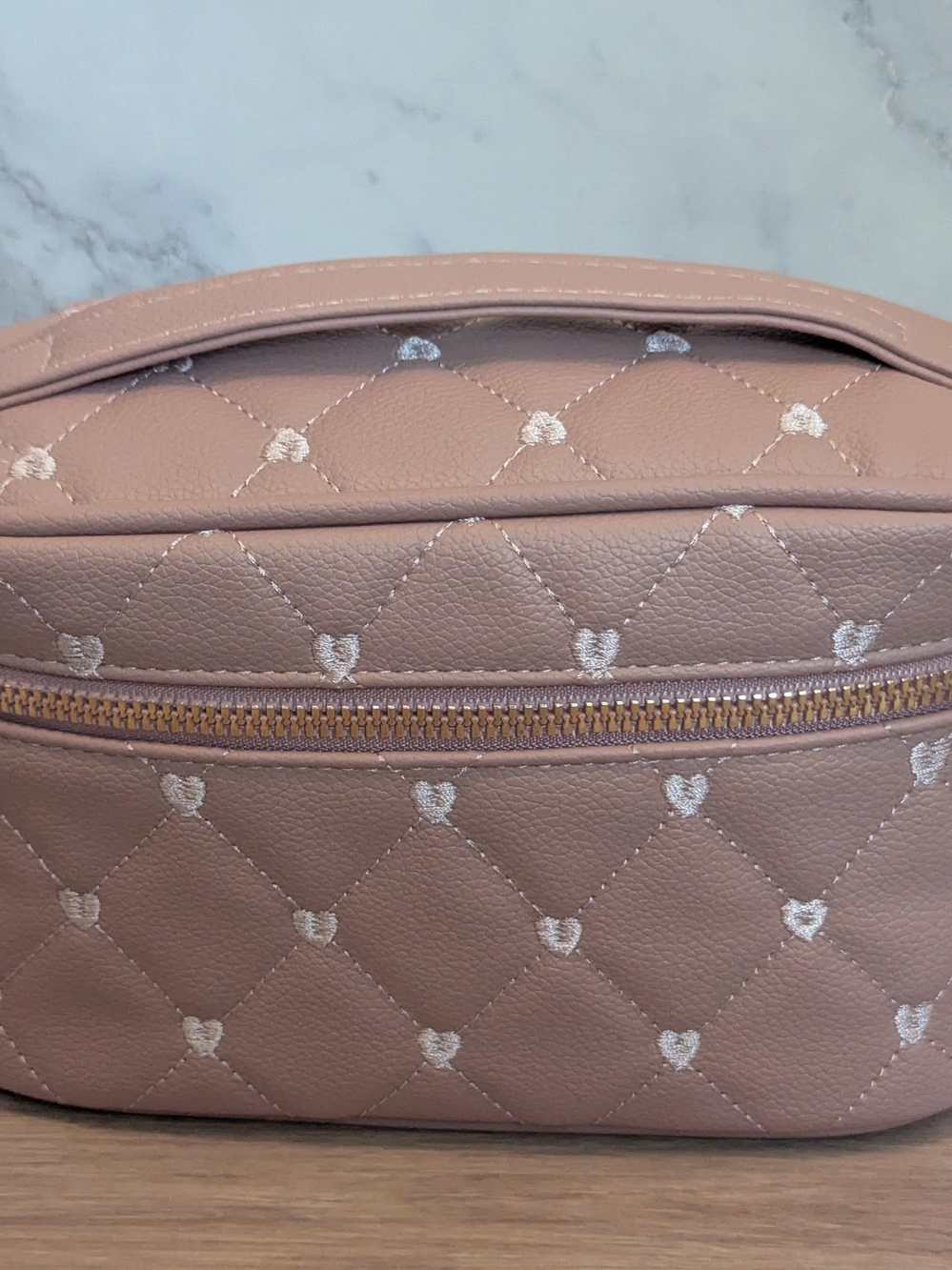 Quilted Dusty Pink Embroidered Hearts Makeup Bag